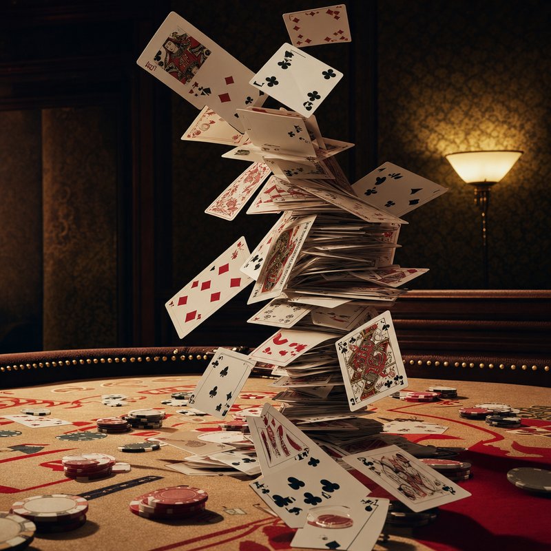 A stack of playing cards toppling across casino felt, the dealer bust moment