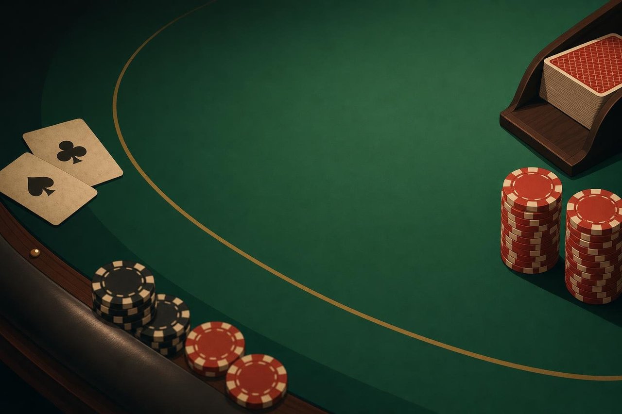 An empty blackjack table with a card shoe and stacks of red and black chips (AI-generated image)