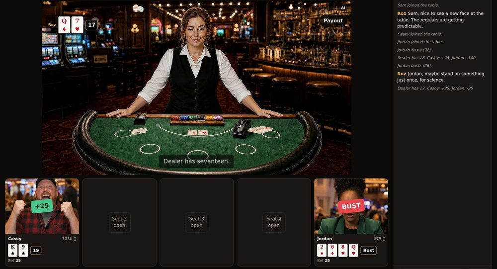 Roz the AI dealer at a green blackjack table with two players seated (AI-generated image)