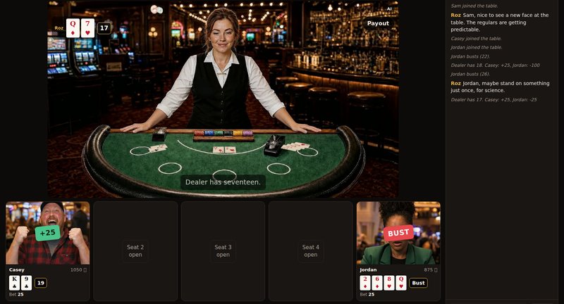 Roz the AI dealer at a green blackjack table, two players seated, the dealer showing 17 (AI-generated image)