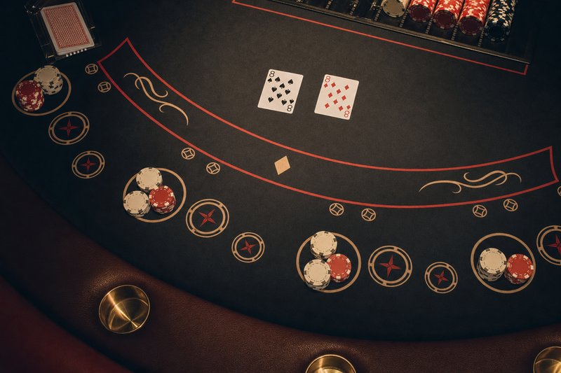 Overhead view of a blackjack table felt with side-bet circles and chip stacks under warm light