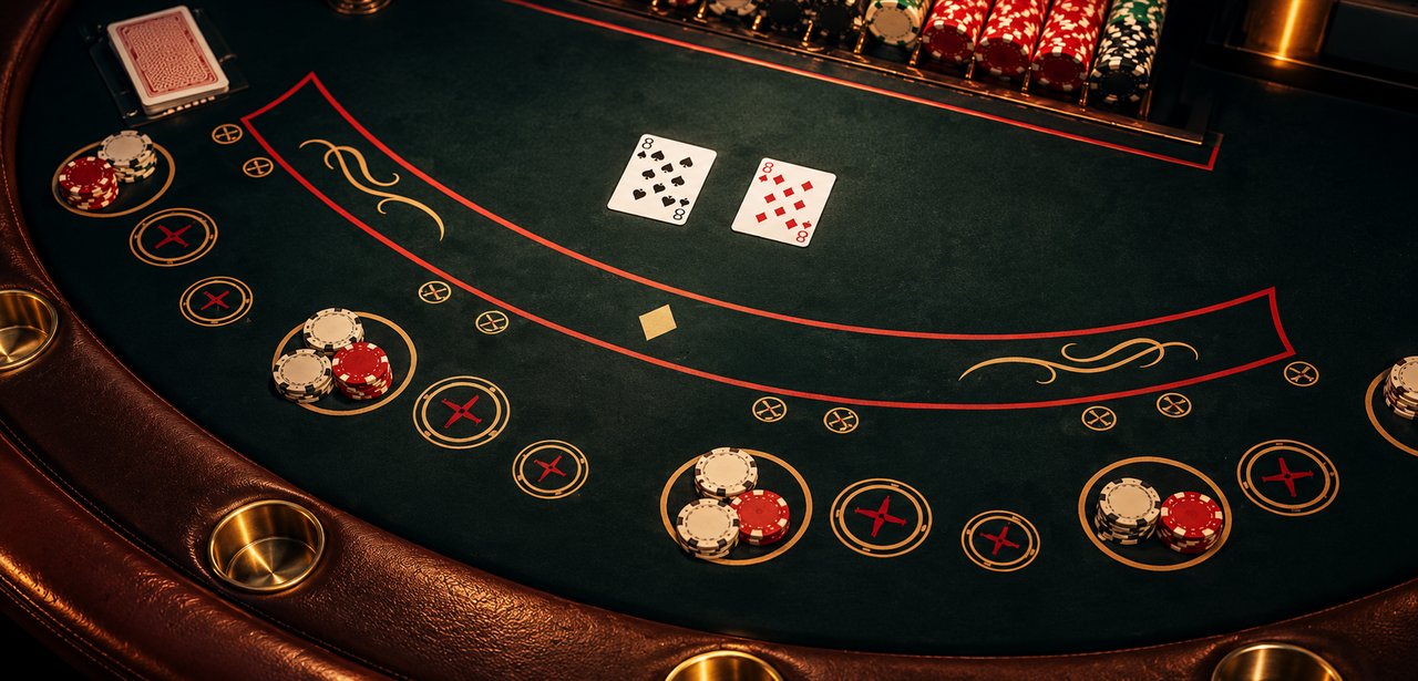 A blackjack table under warm light: side-bet circles with chip stacks and a pair of eights dealt face up (AI-generated image)
